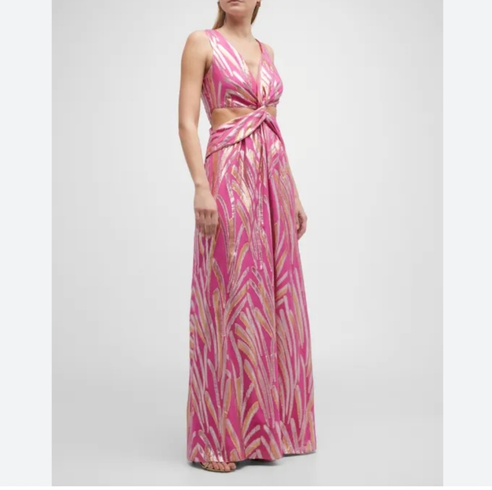 Ramy Brook Irene Twist-Front Cutout Jacquard Gown